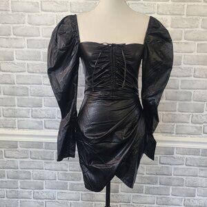 Capsulle Black Faux Leather Mini Dress Bodycon Edgy Glam Goth Long Sleeve NEW S